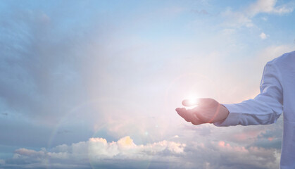 Jesus Christ giving his arm, hand gestures of Jesus dying on the cross and resurrected