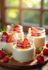 creamy yogurt glass jars fresh strawberries delightful dessert healthy snack fresh ingredients bright colors, fruit, dairy, treat, breakfast, berry, topping