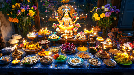 Fototapeta premium A lavish table laden with an array of sweets and delicacies, lit by candles, is set before a golden statue of Lakshmi, the Hindu goddess of wealth and prosperity. Flowers adorn the scene.