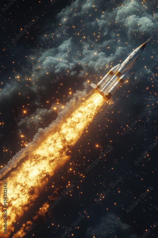 Poster rocket launch in cosmic expanse with fiery trail against a backdrop of nebula and stardust creating 