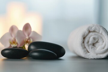 close-up of serene spa setting with smooth black stones rolled white towel and few delicate pink orchids