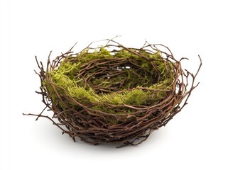 Empty Bird Nest Made with Twigs and Moss on White Background