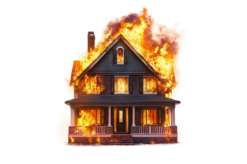 a house on fire cutout and isolated on transparent background 