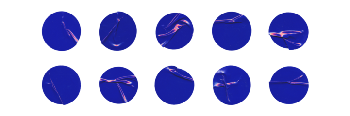 Big set of blue glossy paper circles with creases, isolated blank round sticker on transparent background