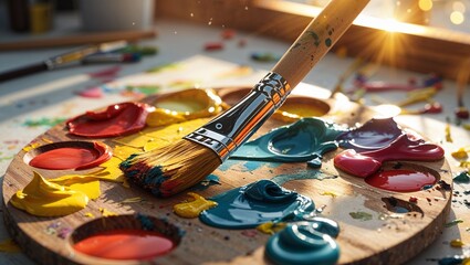 Obraz premium Paintbrush with color palette in a sunlit studio, close-up of a messy wooden palette with thick paint, brush covered in fresh strokes, golden sunlight streaming in, warm and inspiring feel