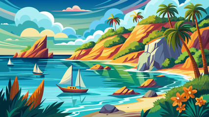 Tropical seascape with sailboat at sunny day. Sail yacht in beautiful lagune. Marine landscape with mountains and boat. AI generated vector illustration