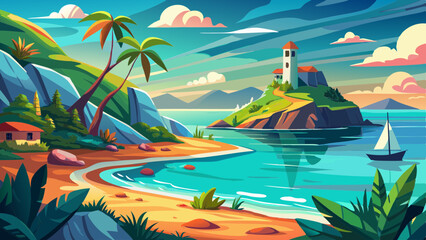 Tropical seascape with sailboat at sunny day. Sail yacht in beautiful lagune. Marine landscape with mountains and boat. AI generated vector illustration