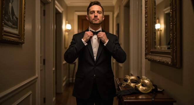 Man adjusting bow tie in elegant hallway setting