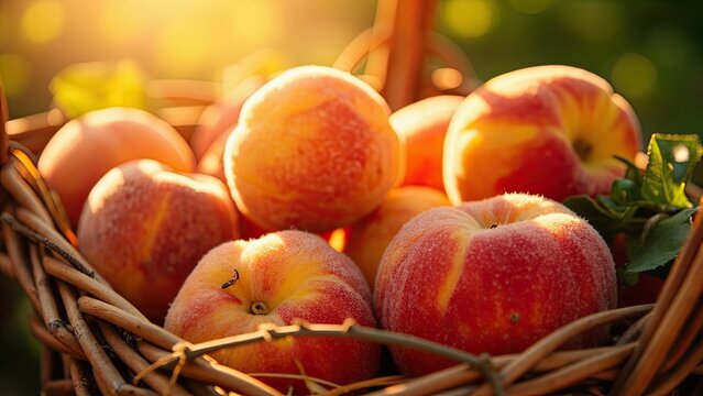 The image shows a woven basket filled with ripe peaches, bathed in warm sunlight. The reddish-yellow fruits are fresh and juicy. A blurred outdoor background suggests a garden or orchard setting.
