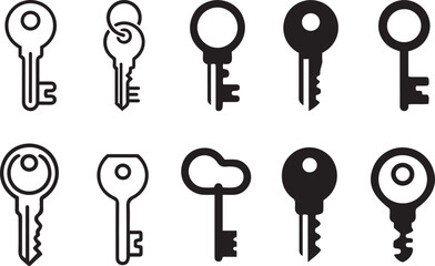Collection of Various Key Icons in Simple Silhouette Style