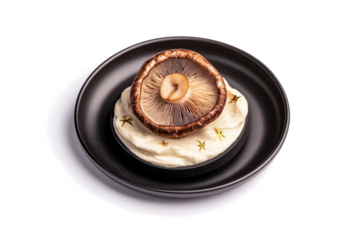 a plate with a mushroom on it cutout and isolated on transparent background 