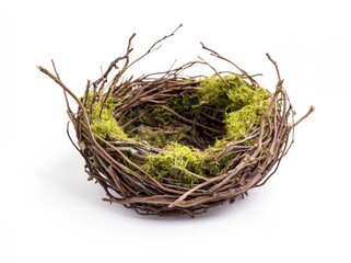 Obraz premium Rustic Bird Nest with Mossy Interior on White Background for Crafting
