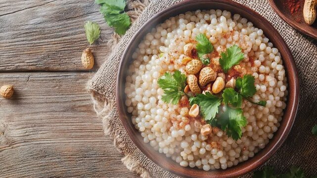 Tapioca pearl dish seasoned with peanuts and spices called sabudana khichdi with smoke around