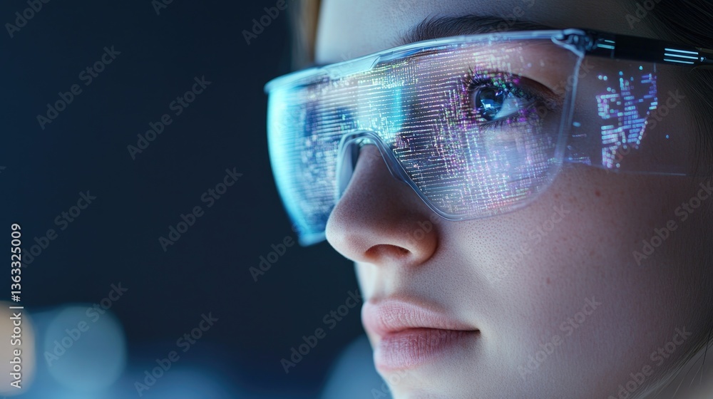 Poster detailed close-up portrait of young ai scientist holographic computational models reflecting in thei