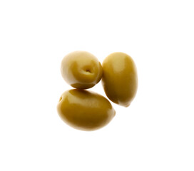 Ripe raw green olives on white background, top view