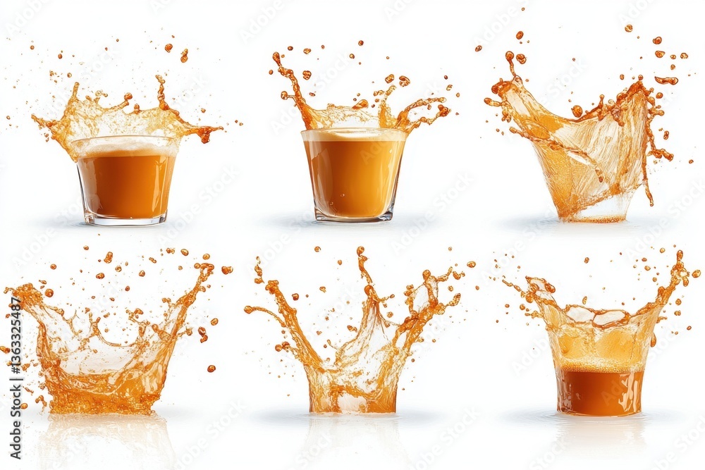 Poster refreshing orange juice splash collection against white backdrop showcasing dynamic liquid motion an
