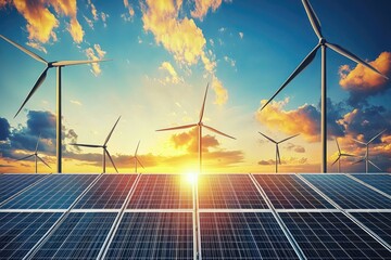 Solar panels and wind turbines generating green energy under a vibrant sunset. The scene conveys a strong message of sustainability and environmental consciousness.