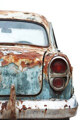 Nostalgic Close up of a Weathered Vintage Car with Rust and Peeling Paint against a Clean White Background