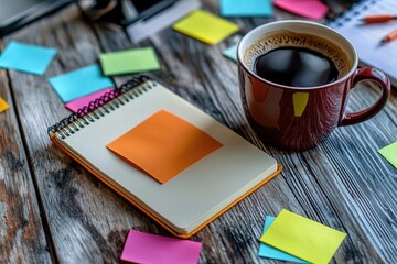 A coffee cup, notebook, and sticky notes scattered across a wooden table, representing a workspace. It captures the essence of planning, brainstorming, and focus