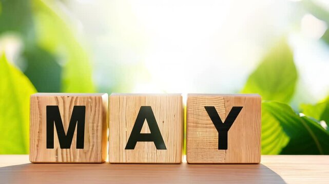 Spring background with the text "May" on wooden blocks. Spring leaves and sunlight shining. Hello may text the table with sunny green park background.