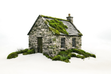 a small stone house with moss growing on the roof cutout and isolated on transparent background 