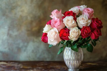 A bouquet of colorful roses in a vase, displaying a lovely aesthetic against an art background. The roses include hues of red, pink, and white