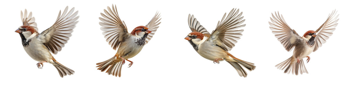 Flying sparrows multiple poses showcasing feathers and grace on transparent background