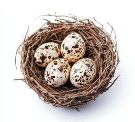 Obraz premium Speckled Eggs in Natural Nest on White Background Symbolizing Spring