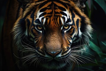 Naklejka premium A majestic tiger's intense gaze is captured close-up, revealing intricate details of its face and captivating eyes. The surrounding environment adds to the creature's mysterious aura.
