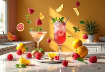 floating ingredients culinary creations featuring vibrant artful presentation food beverages, appetizer, assembly, aesthetic, blending, bright, colorful