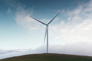 Obraz premium solitary wind turbine stands tall on rolling green hill under cloud-dappled sky symbolizing sustainable energy light