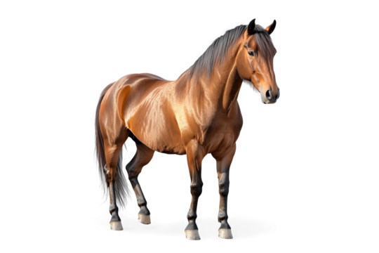 a brown horse standing on a white surface cutout and isolated on transparent background 