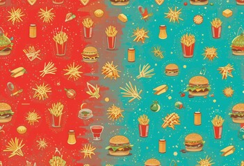 Colorful Seamless Vector Illustration Fast Food Burgers, Fries, Drinks Red Turquoise Background - Social Media Marketing, Food Festival Promotions, Casual Dining Events