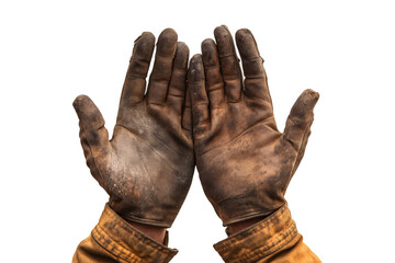 a pair of dirty brown gloves on a white background cutout and isolated on transparent background 