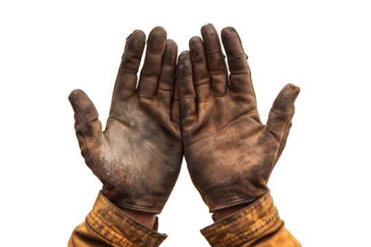 a pair of dirty brown gloves on a white background cutout and isolated on transparent background 