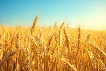 Fototapeta premium A close-up of golden wheat field under a blue sky, symbolizing harvest and abundance. The sun is shining brightly