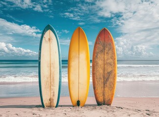 Three Surfboards Standing Beach Sand