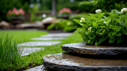 Wet Stone Pathway Winding Through Lush Green Garden