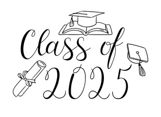 Class of 2025 calligraphy with a graduation cap, diploma, and an open book in a black and white minimalistic design. Vector hand drawn illustration isolated on white background
