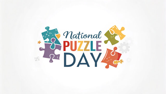 National puzzle day graphic with colorful puzzle pieces on a white background celebration design