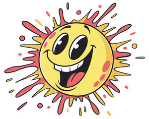 Cheerful Yellow Smiley Face with Colorful Paint Splatter Background Design.