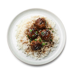 Delicious rice with meatballs, sauce and green onions isolated on white, top view