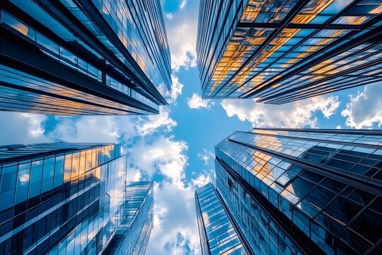 An upward perspective of skyscrapers surging into a bright blue sky with fluffy clouds, creating a striking contrast between urban construction and natural elements overhead in London UK