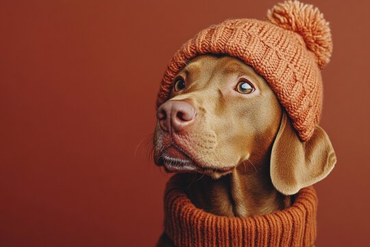 Adorable brown dog wearing a cozy knitted hat and scarf against a warm terracotta backdrop.  Perfect for autumn or winter themes!