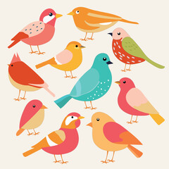 Obraz premium Colorful cartoon birds collection – flat vector illustration A charming collection of colorful cartoon birds