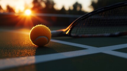 Vibrant sunset illuminating tennis ball and racquet on green court surface