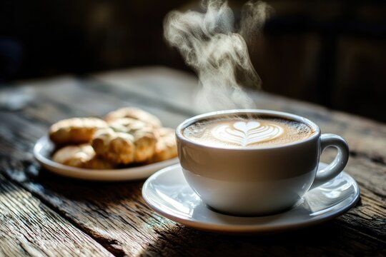 A freshly brewed cappuccino with a biscuit arrangement, offering a sensory experience of warmth and delight. The steam from the hot coffee adds an element of comfort and luxury to the image