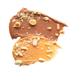 Different nut butters and nuts isolated on white, top view