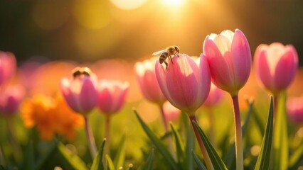 Sunlit Crocus Meadow with Bees Collecting Nectar – Macro View. World Bee Day. Spring Equinox. Nature and wildlife. Eco-friendly. Organic Farming. 