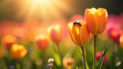 Sunlit Crocus Meadow with Bees Collecting Nectar – Macro View. World Bee Day. Spring Equinox. Nature and wildlife. Eco-friendly. Organic Farming. 